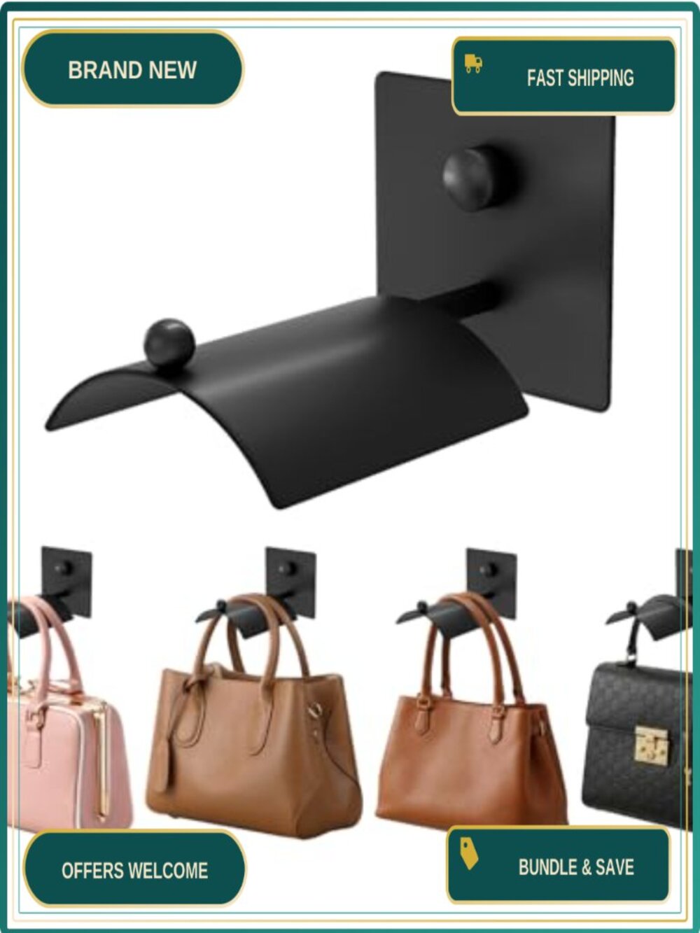 Wall Mount Purse Organizer Arc Handbag Holder Heavy Duty Metal 4 Hooks
